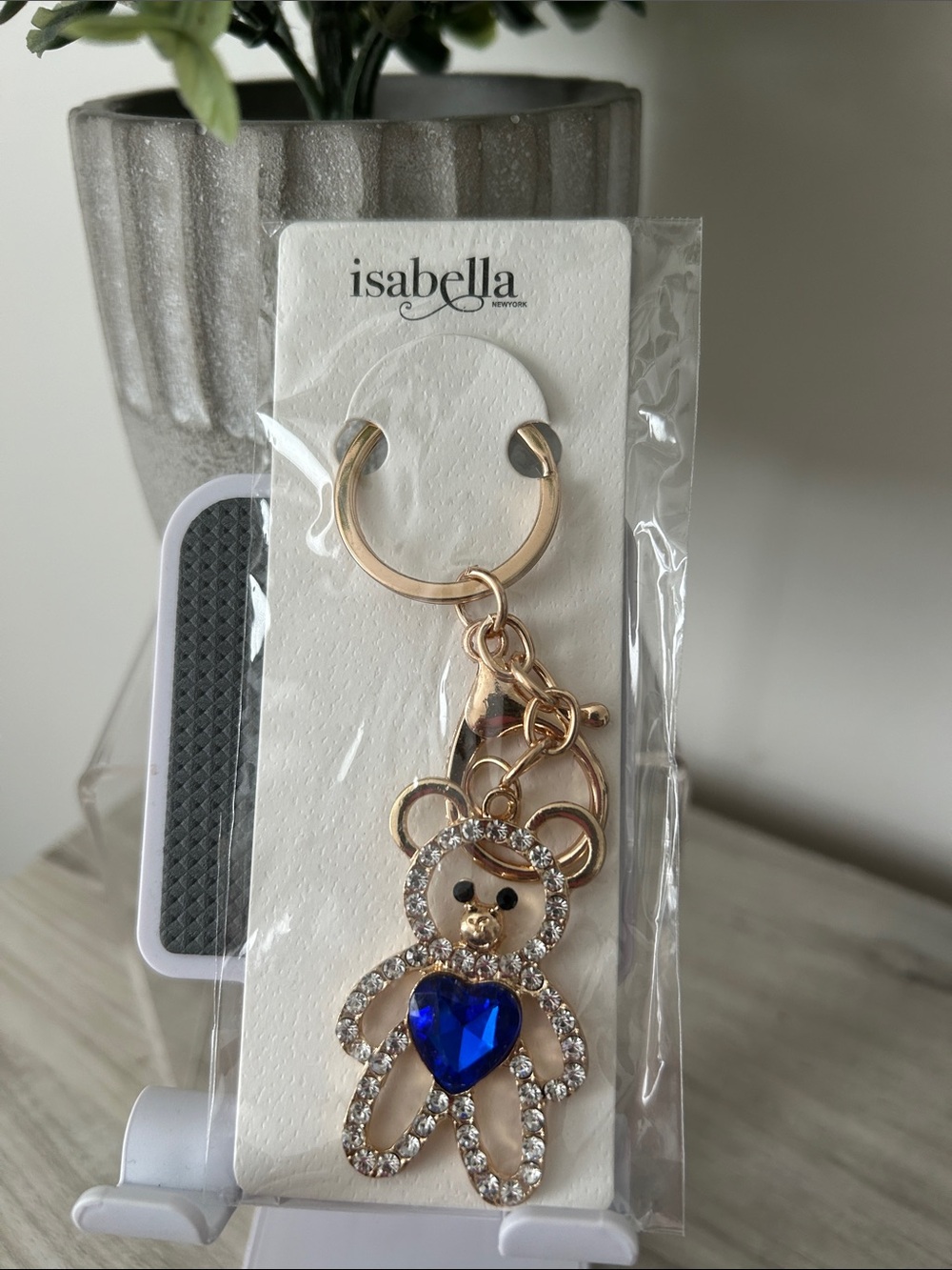Abella Gold Bear Keychain/bag charm with Blue Heart Charm NIP